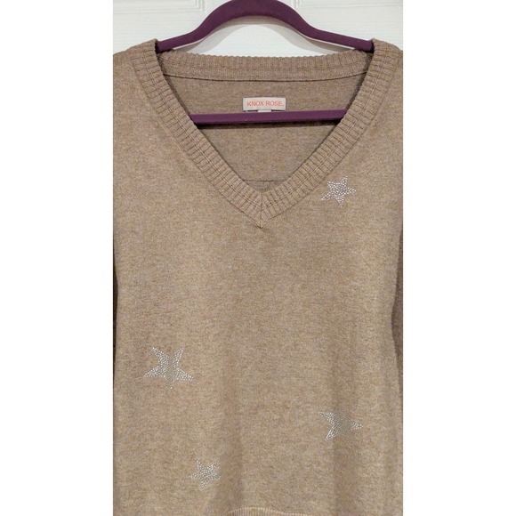 Knox Rose Women's Large Tan V-Neck Long Sleeve Star Pullover Sweater - Picture 2 of 6